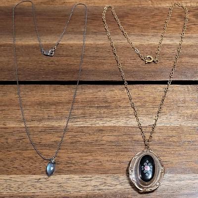 O: Antique Handpainted Locket and Blue Crystal Necklaces