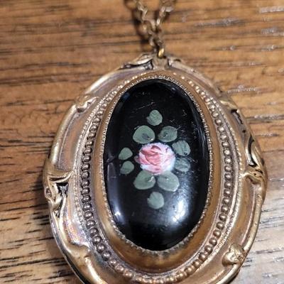 O: Antique Handpainted Locket and Blue Crystal Necklaces