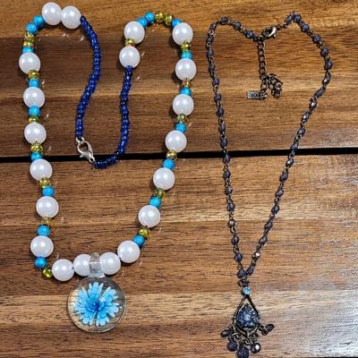Kk: Glass Flower Necklace and Blue Crystal Necklace