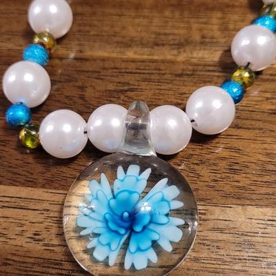 Kk: Glass Flower Necklace and Blue Crystal Necklace