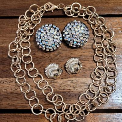 Iii: Clip On Earrings and Gold Tone Necklace