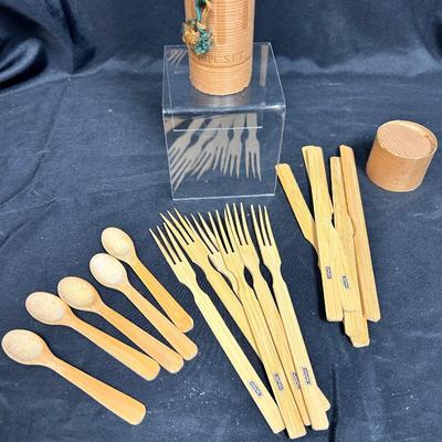 Vintage Retro Bamboo Wood Utensil Set Forks Knives Spoons