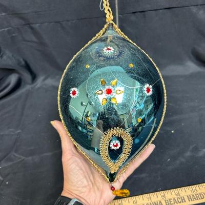 Extra Large Vintage Teal Blue Blown Glass Holiday Christmas Tree Ornament with Appliques and Wire