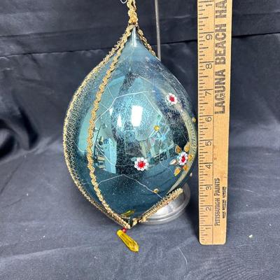 Extra Large Vintage Teal Blue Blown Glass Holiday Christmas Tree Ornament with Appliques and Wire