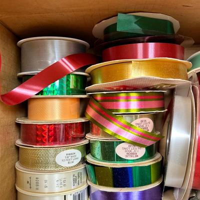 12x12 Box of Vintage Gift Ribbon Spools Various Colors and Sizes Many New