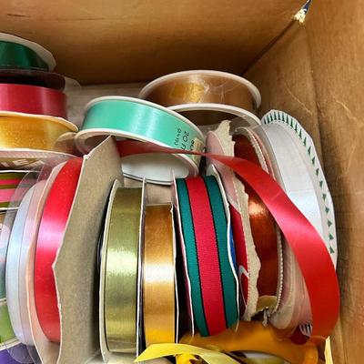 12x12 Box of Vintage Gift Ribbon Spools Various Colors and Sizes Many New