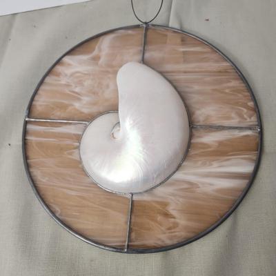 Tiger Nautilus Half shell surrounded by stained leaded glass sun catcher 12"