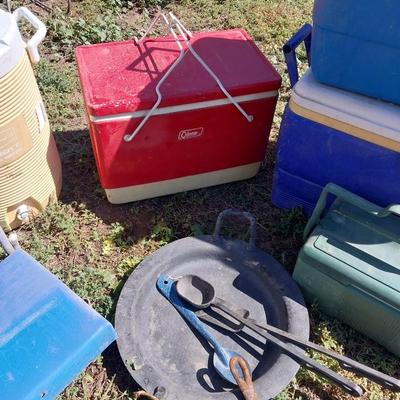 VINTAGE RED METAL COOLER, CAST IRON COOKWARE, STADIUM SEAT, MORE COOLERS