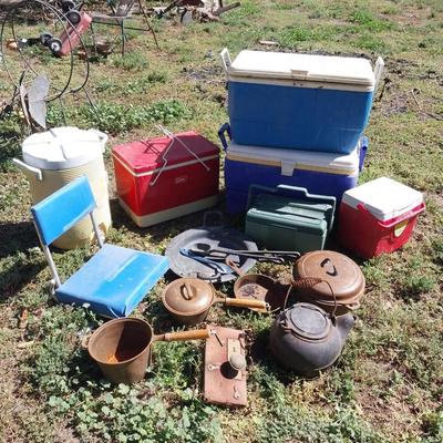 VINTAGE RED METAL COOLER, CAST IRON COOKWARE, STADIUM SEAT, MORE COOLERS