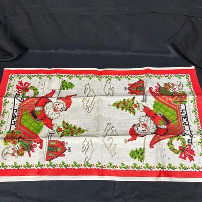 Pair of Vintage Christmas Holiday Print Tea Dish Towels Carolers Santa Claus in Sleigh