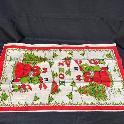 Pair of Vintage Christmas Holiday Print Tea Dish Towels Carolers Santa Claus in Sleigh