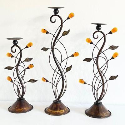 Trio (3) ~ Distressed Metal Floral Candle Holders with Amber Glass Floral Bulbs ~ *Read Details