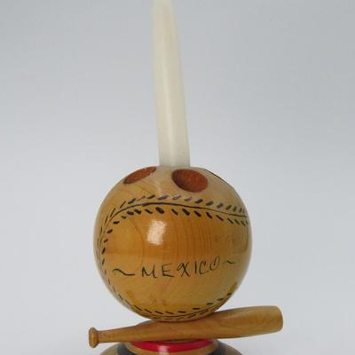 Retro Mexico Wooden Baseball & Bat Souvenir Candle Holder Figurine