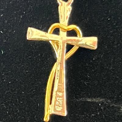 Cross - sterling silver (925 stamp) and gold necklace with small diamond