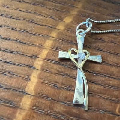 Cross - sterling silver (925 stamp) and gold necklace with small diamond