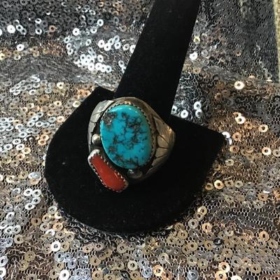 Huge Vintage Turquoise  Coral Native American Signed AL Men's Ring Sterling 925 Size 15
