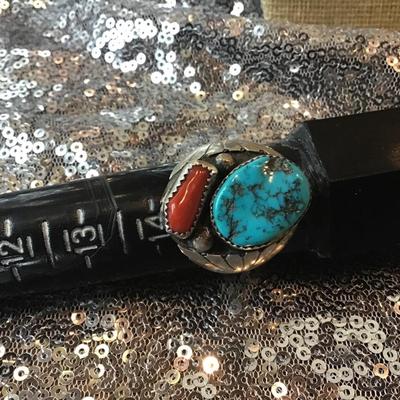 Huge Vintage Turquoise  Coral Native American Signed AL Men's Ring Sterling 925 Size 15
