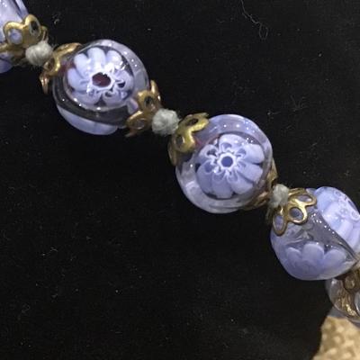 Blue Clear Flower Lampwork Glass Vintage Bracelet