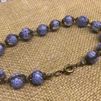 Blue Clear Flower Lampwork Glass Vintage Bracelet