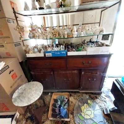 VINTAGE BUFFET, BELLS, FIGURINES, STAINED GLASS, MARBLE TOP PLANT STAND & MORE
