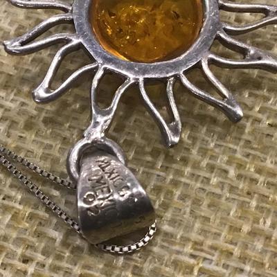 Cognac / Brown  AMBER Sun Pendant - 925 STERLING SILVER Mexico and 925 Chain