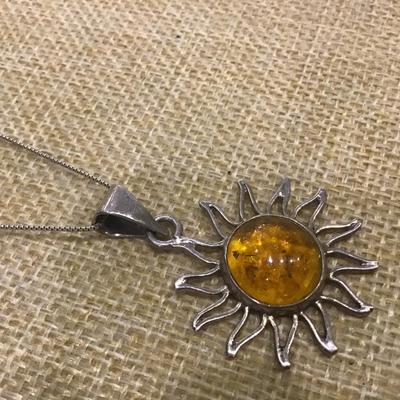 Cognac / Brown  AMBER Sun Pendant - 925 STERLING SILVER Mexico and 925 Chain
