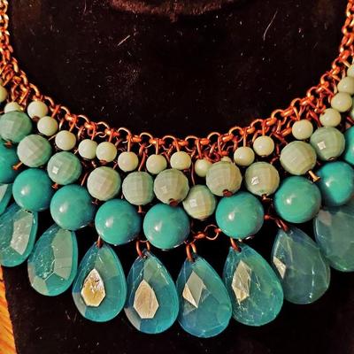 Vtg Turquoise Glass & Beads Statement Necklace Unsigned