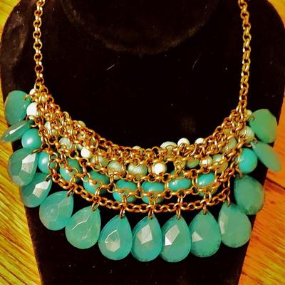 Vtg Turquoise Glass & Beads Statement Necklace Unsigned