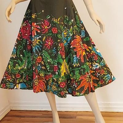 Vtg Hand Painted sweep printed Embellished Skirt Sequins