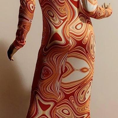 Vtg Layering Swirl Design Orange Maxi Bodycon Metal ring front bodice