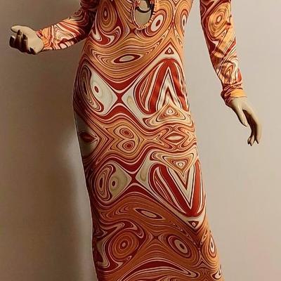 Vtg Layering Swirl Design Orange Maxi Bodycon Metal ring front bodice