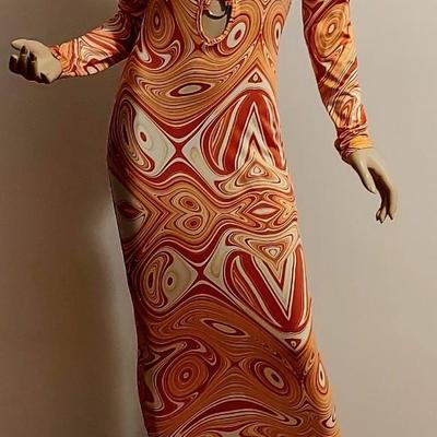 Vtg Layering Swirl Design Orange Maxi Bodycon Metal ring front bodice