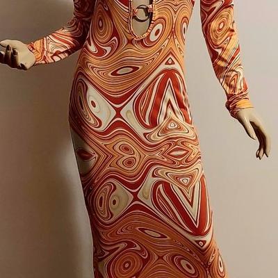 Vtg Layering Swirl Design Orange Maxi Bodycon Metal ring front bodice