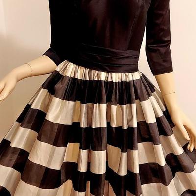 Circa 1950's Fit & Flare Striped Silk Shantung Dress with Sash Belt