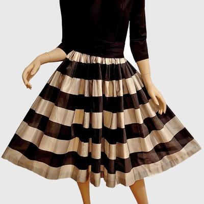 Circa 1950's Fit & Flare Striped Silk Shantung Dress with Sash Belt