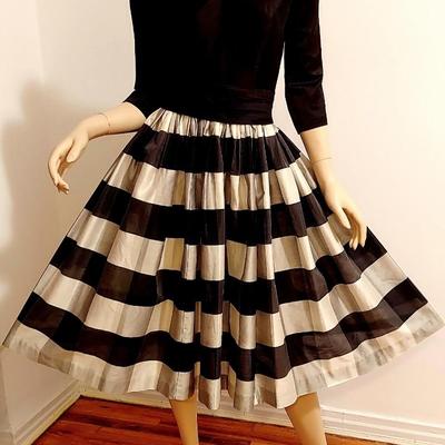 Circa 1950's Fit & Flare Striped Silk Shantung Dress with Sash Belt