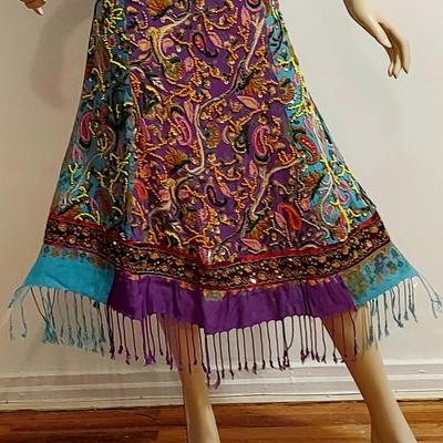 Vtg 60s Hand Painted Beaded Sequined Gold Embroidery Fringed Skirt