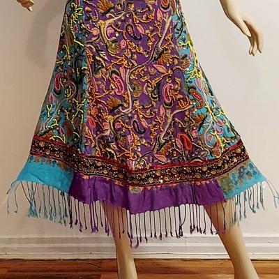 Vtg 60s Hand Painted Beaded Sequined Gold Embroidery Fringed Skirt