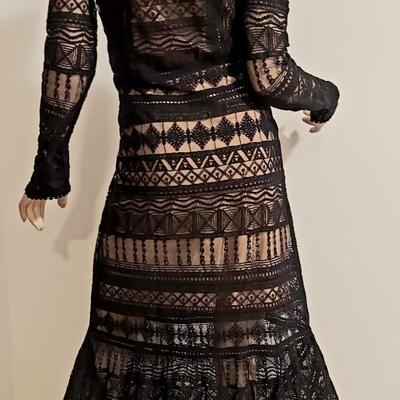 Vtg Crochet open lace maxi illusion dress