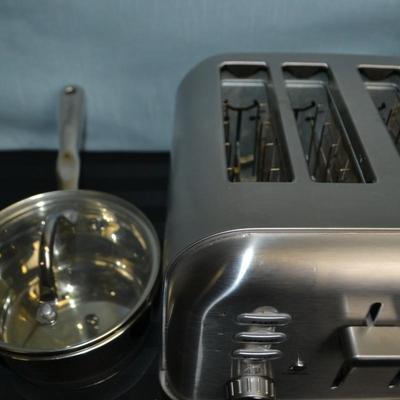 LOT 161.   CUISINART 4 SLOT TOASTER AND CUSINART TOASTER OVEN + SAUCE PAN