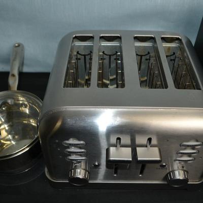 LOT 161.   CUISINART 4 SLOT TOASTER AND CUSINART TOASTER OVEN + SAUCE PAN