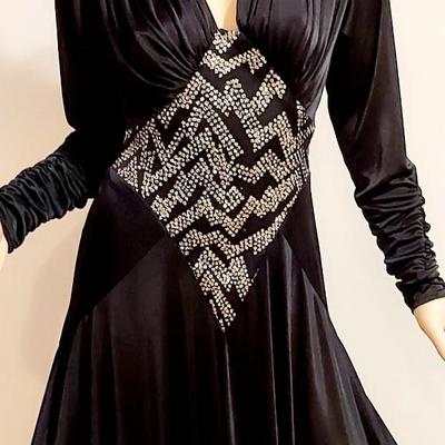 Vtg 1970s Silky black Jersey dress w/Brilliant Bodice