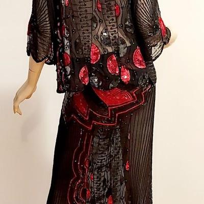 Vtg Superb 1970 fully hand Beaded and Sequined skirt Silk Ensemble