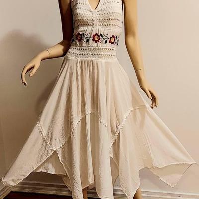 1970's Embroidered Crepe cotton Halter Dress Asymmetrical Hem/Crochet Bodice