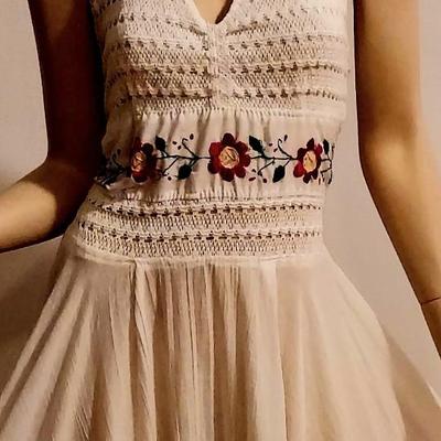 1970's Embroidered Crepe cotton Halter Dress Asymmetrical Hem/Crochet Bodice