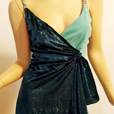 Pinko  Dress NWT Wrap Contrast Dress Aqua Crepe /Velour lame'  Rhinestone Shoulder Straps