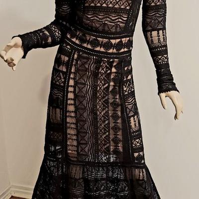 Vtg Crochet open lace maxi illusion dress