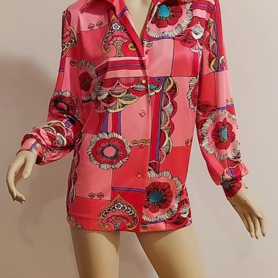 Vtg 1970s Flower Power Button Front Shirt