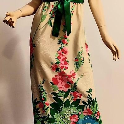 Vtg 1970s Leslie Fay Maxi Floral Printed dress Sash Ribbon Belt
