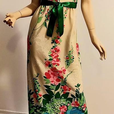 Vtg 1970s Leslie Fay Maxi Floral Printed dress Sash Ribbon Belt